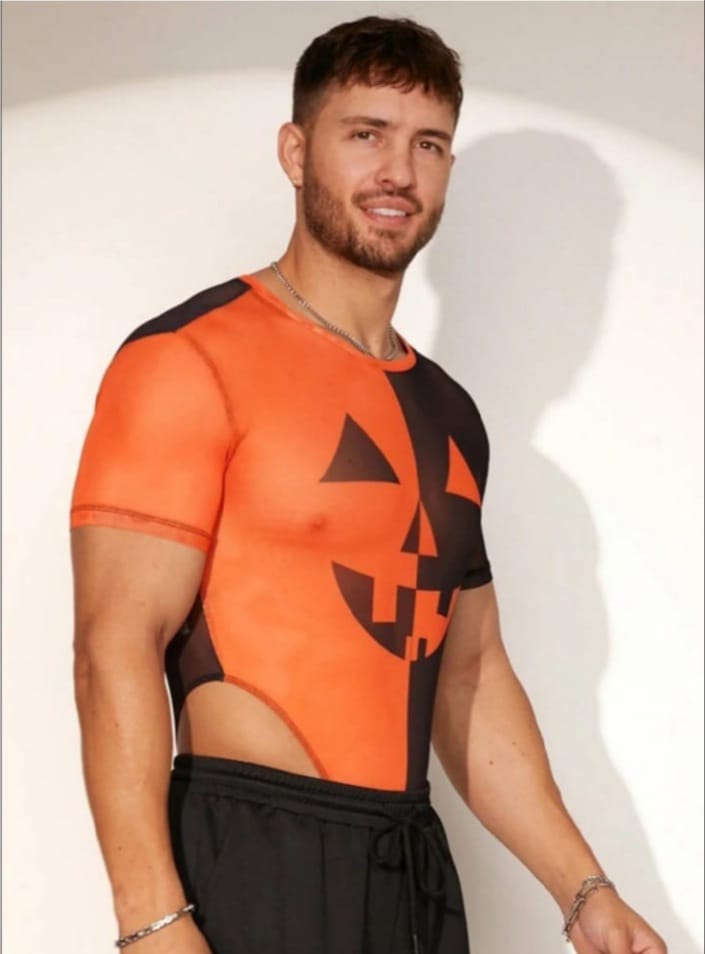 men's sexy contrast color splicing print mesh bodysuit